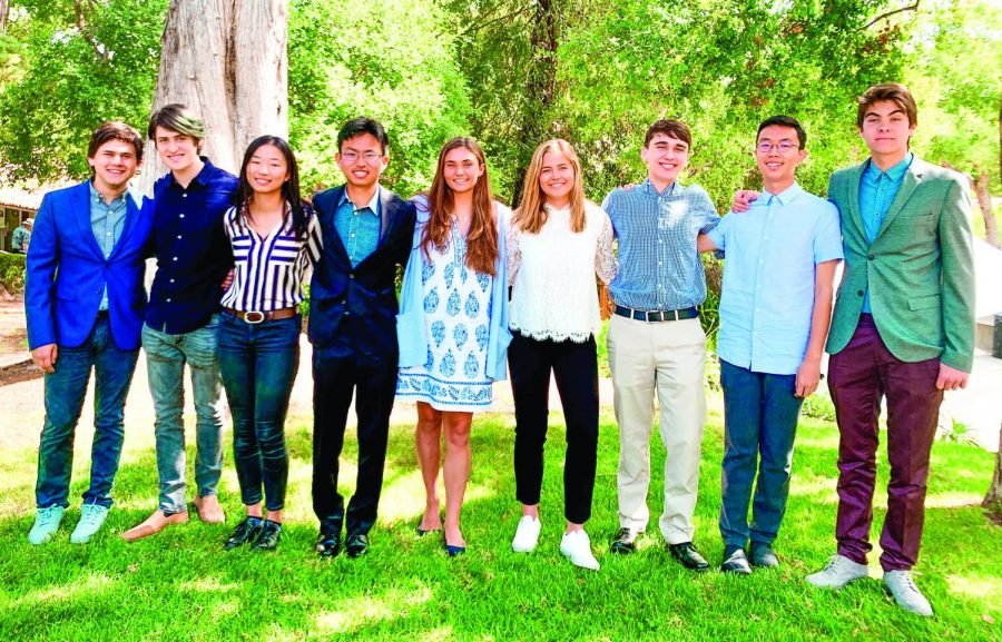A gathering of newly inducted Cum Laude students following the official induction assembly. From left to right: Jack Stein ‘19, Jordan Bollag ‘19, Lucy Cao ‘20, Kai Nakamura ‘20, Audrey Murphy ‘20, Kiki Tolles ‘20, Bennett Coy ‘19, Bowen Bai ‘19, Caetano Perez-Marchant ‘20
