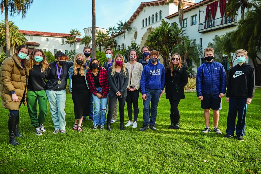 The Mock Trial team assembles in front of the Santa Barbara Courthouse. Victoria Campbell Goldman ‘23; Fiona Hernandez ‘23; Jaleya Calloway ‘23; Claire Kellett ‘23; Dylan Charney ‘24; Jade Silva ‘23; George Nicks ‘22; Attorney Coach Shelly Mossembekker; Attorney Coach Sarah Barkley; Lead Attorney Coach Neil Levinson; Aden Meisel ‘23; Teacher Coach Jessica Tyler; Kent Dunn ‘23; Robert (Robbie) Dunn ‘23. Note not all members are pictured. 