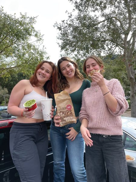 Juniors Eleanor Crafton (left), Tallulah Staeger (middle), and Ada Ray (right) pose with their Chipotle. 