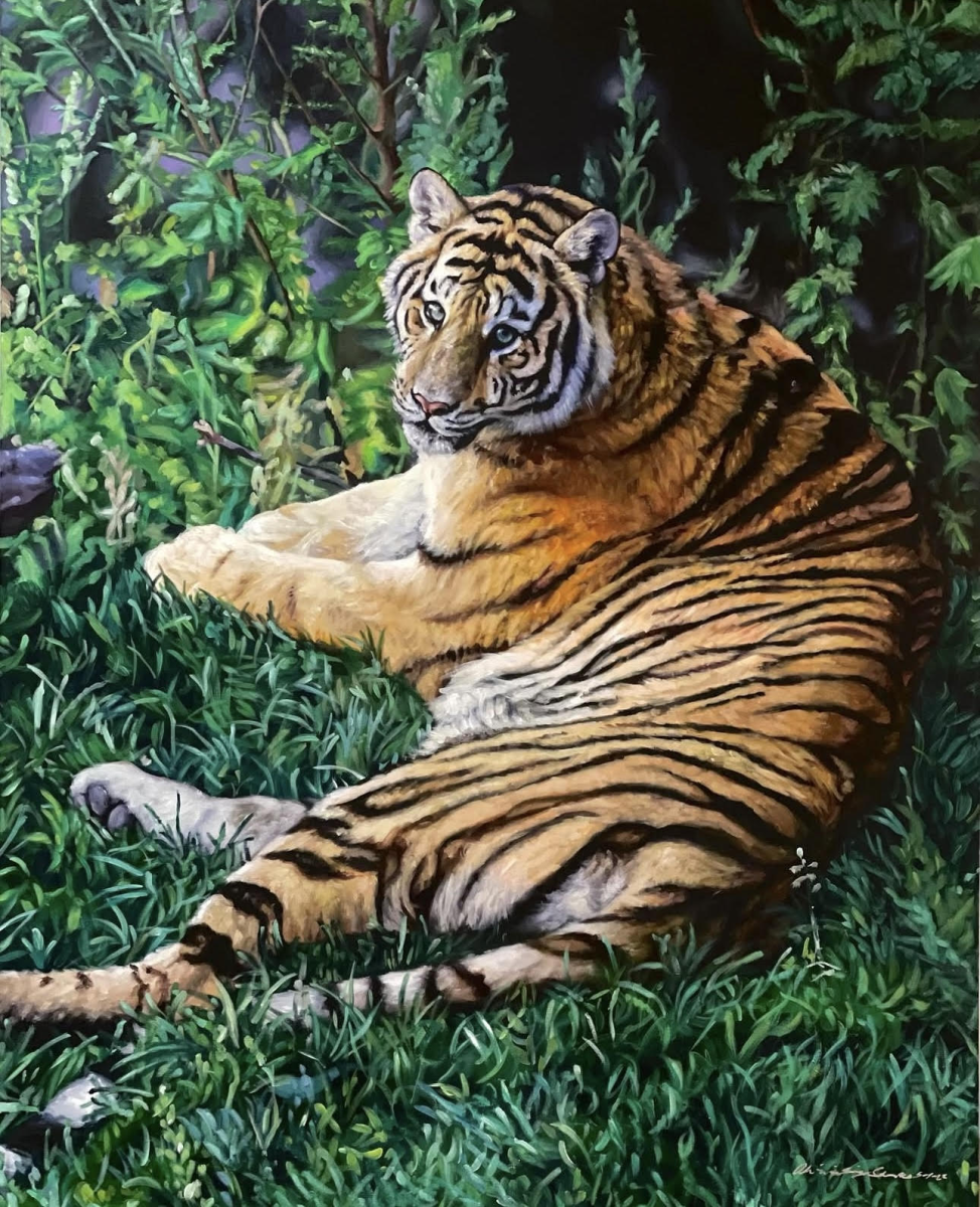 Tiger posing in the jungle on 4x5 foot canvas with acrylic.